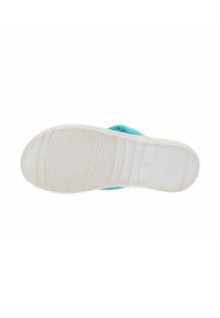 Infradito con tomaia turchese e suola bianca texturizzata. Presenta un design del cinturino liscio, profilo piatto e un motivo antiscivolo puntinato sulla suola.