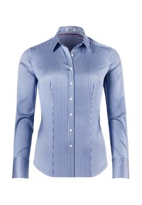 Blauw-witte gestreepte button-up shirt met lange mouwen, een klassieke kraag en een getailleerd ontwerp. Gemaakt van gladde stof, met accentuering op de manchetten.