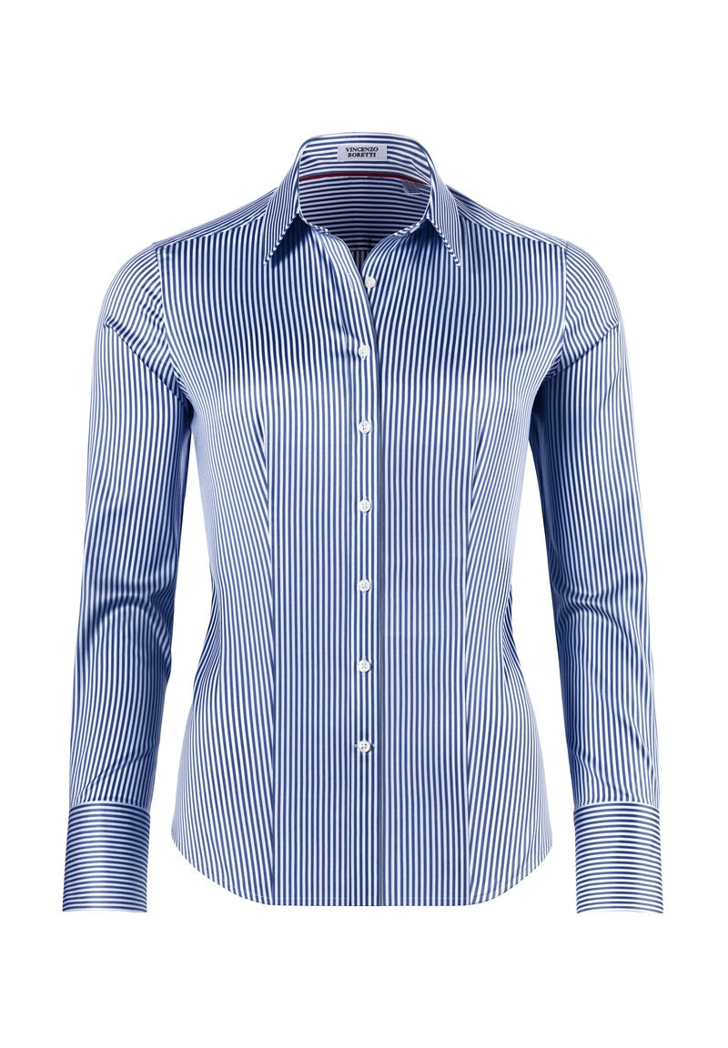 Blauw-witte gestreepte button-up shirt met lange mouwen, een klassieke kraag en een getailleerd ontwerp. Gemaakt van gladde stof, met accentuering op de manchetten.