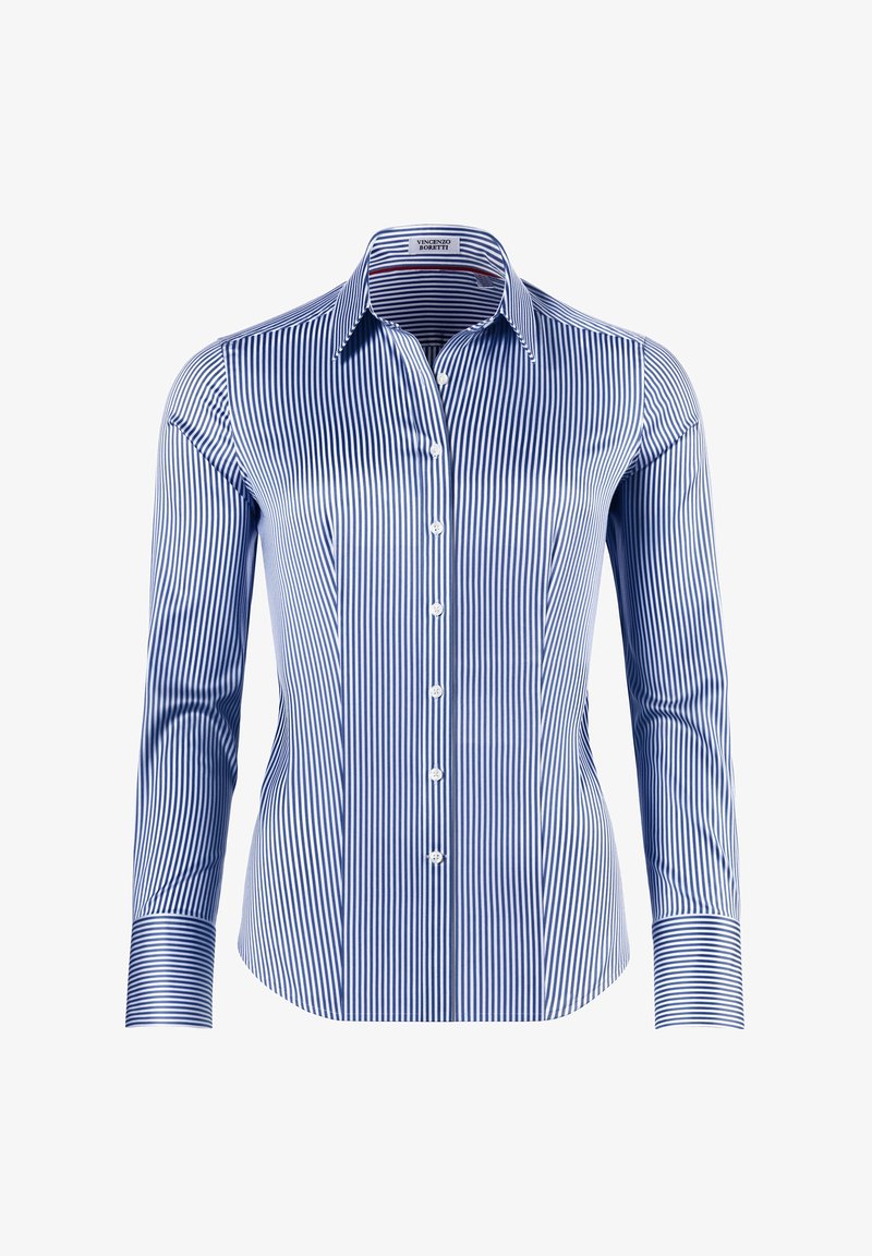 Chemise à rayures bleues et blanches à manches longues, avec un col classique et une coupe ajustée. Fabriquée en tissu lisse, elle possède des accents aux poignets.