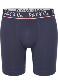 Herrarnas marinblå boxershorts i stretchtyg, med en vit midja som har texten "Phil & Co." och en kontrasterande röd rand.