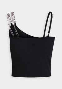 Svart crop top i mjukt material med asymmetrisk halsringning, med metallkedjestraps för extra detalj.