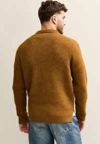 Bruin gebreid sweater met een ribbelkraag en manchetten, met een relaxte pasvorm, gedragen over lichtblauwe spijkerbroek. Soepele textuur, minimalistisch ontwerp.