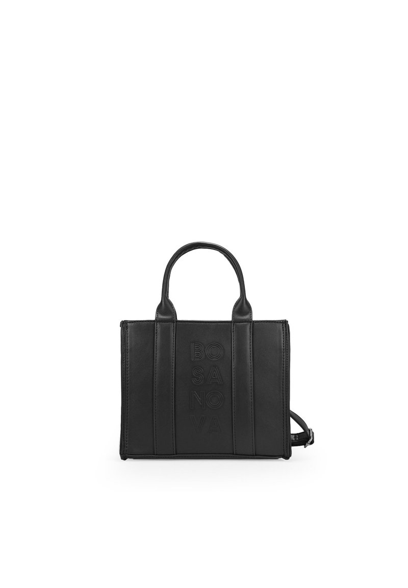 Bolso tote de cuero negro con el logotipo "BOSANOVA" en relieve, costuras verticales, dos asas superiores y una correa de hombro desmontable.
