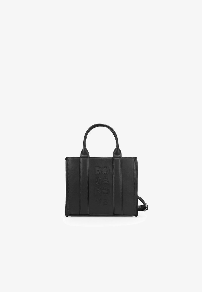 Bolso tote de cuero negro con el logotipo "BOSANOVA" en relieve, costuras verticales, dos asas superiores y una correa de hombro desmontable.