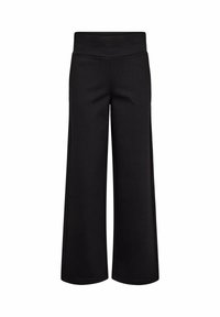 Zwarte broek met wijde pijpen gemaakt van een zachte, rekbare stof. Voorzien van een hoge tailleband en een strak, minimalistisch ontwerp zonder versieringen.