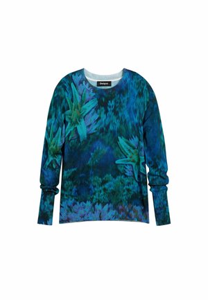 Long-sleeve blue and green sweater with abstract floral and leaf patterns, crew neckline, and ribbed cuffs.