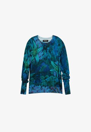 Blauw-groen trui met lange mouwen en abstracte bloemen- en bladmotieven, ronde hals en geribbelde manchetten.