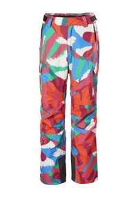 Pantalones de nieve coloridos con un diseño combinado de rojo, verde, azul y blanco. Fabricados en material sintético, cuentan con cintura adjustable y bolsillos tipo cargo.