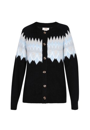 Fekete kardigán, amely világoskék és fehér geometrikus mintával rendelkezik, gombos elejével és bordázott mandzsettáival. Puha anyagú textúra.