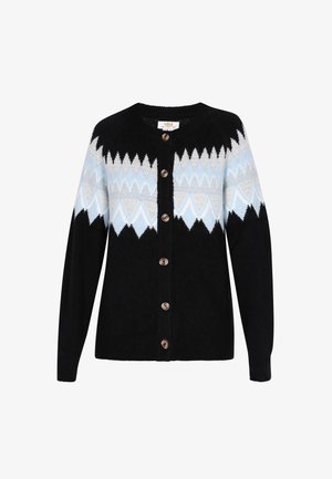 Mustapaita, jossa on geometrinen kuvio vaaleansinisellä ja valkoisella, napitettu etuosa ja ribbitoimiset hihansuut. Pehmeä kangas.