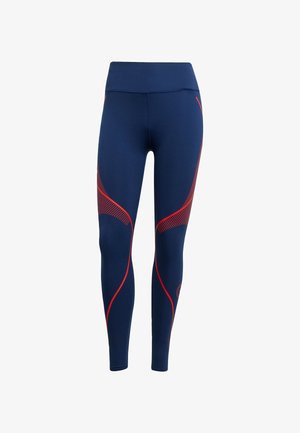 Marineblaue Sportleggings mit roten, geschwungenen Akzenten und einem strukturierten Muster. Verfügt über einen hohen Bund und ein elegantes, körpernahes Design.