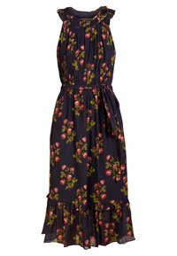 Blumenkleid in dunklem Marineblau, mit Rüscheln an den Schultern, gerafftem Oberteil, einem Bindegürtel und einem gestuften Volant-Saum.