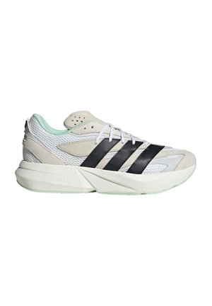 Grey and white athletic shoe with black stripes, a mesh upper, suede accents, and mint green details. Features a textured sole.