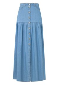 Denim maxijumpa, ljusblå, knäppning fram, hög midja, rynkad nederkant, två sidofickor, mjuk textur och en fladdrig siluett.