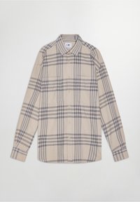 Beige geruite shirt met blauwe en grijze strepen, lange mouwen, met kraag, met twee voorkzakken en knoopsluiting. Katoenen textuur.