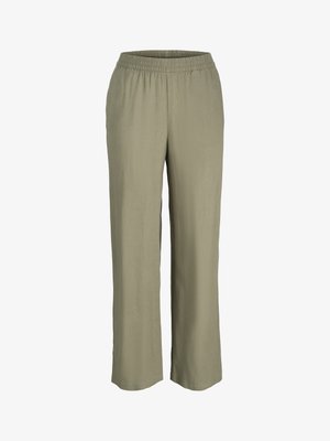 Világos olajzöld, laza fazonú nadrág, elasztikus derékkal, sima, könnyű szövetből készült, egyenes szárakkal.