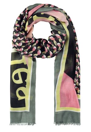 Lightweight scarf with abstract geometric and petal patterns in pink, green, black, and yellow tones, fringed edges.