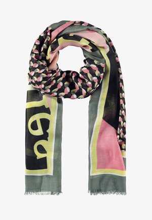 Écharpe légère avec des motifs géométriques abstraits et de pétales en tons rose, vert, noir et jaune, bords frangés.