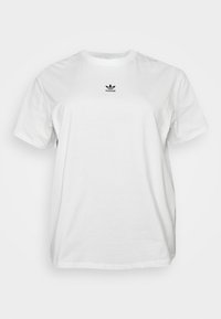 White cotton t-shirt featuring short sleeves, a crew neck, and a small black Adidas logo on the chest. Soft, plain texture.
