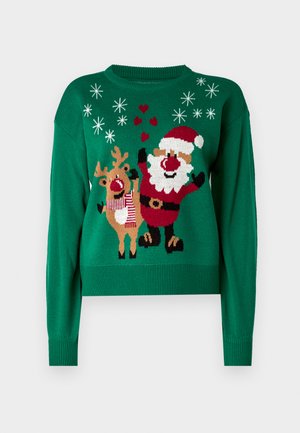Grüner gestrickter Pullover mit einem Design von Santa Claus und Rentieren, verziert mit Schneeflocken und Herzen. Rippkragen und -bündchen.