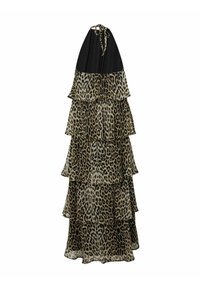Robe imprimée léopard avec un design en couches, un haut noir et des couches fluides dans des tons beiges et bruns. Comprend un détail de col à nouer.