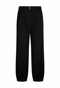 Pantaloni neri con una vestibilità rilassata, polsini elasticizzati e chiusura con bottone. Presentano sottili motivi circolari tonali su tutta la stoffa.