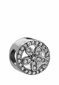 Silver-toned bead featuring a flower design, surrounded by clear rhinestones. Smooth texture with a round shape and a central hole.