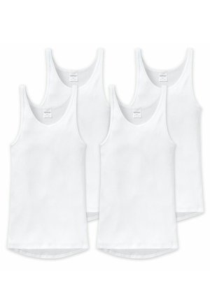 Four white cotton tank tops with ribbed texture, round necklines, and curved hems, displayed against a plain white background.
