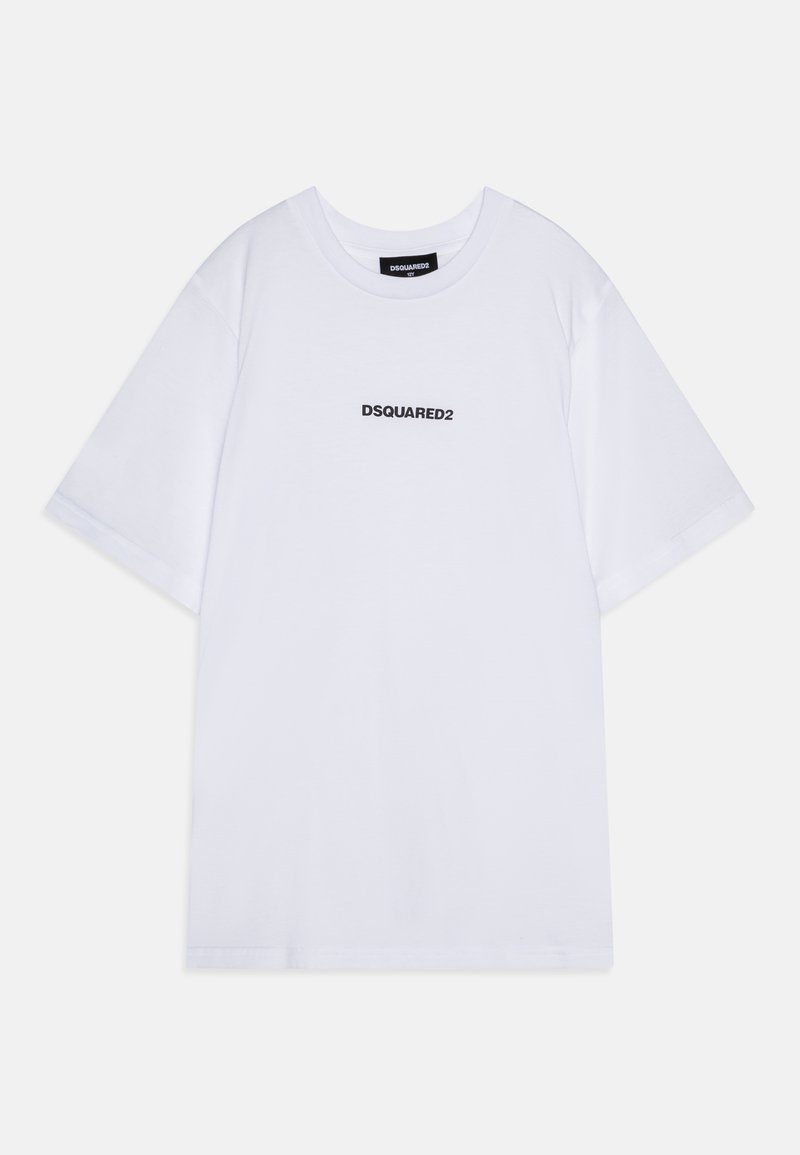 Hvid bomulds T-shirt med korte ærmer, med et sort trykt logo "DSQUARED2" centreret på brystet. Enkel design, ensartet tekstur.