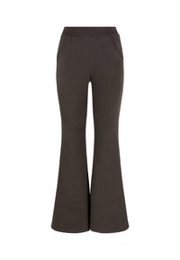 Flared sweatpants van donkerbruin materiaal, met een comfortabele elastische tailleband en twee zijzakken. Glad textuur, casual ontwerp.