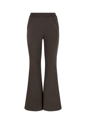 Flared sweatpants van donkerbruin materiaal, met een comfortabele elastische tailleband en twee zijzakken. Glad textuur, casual ontwerp.