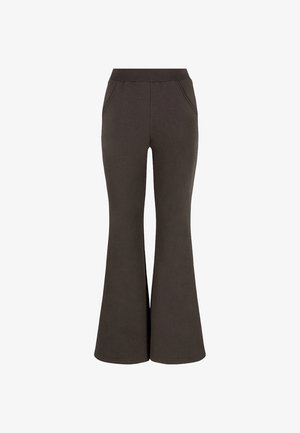 Flared sweatpants van donkerbruin materiaal, met een comfortabele elastische tailleband en twee zijzakken. Glad textuur, casual ontwerp.