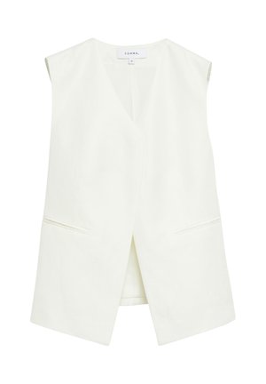 Biała kamizelka typu blazer bez rękawów z otwartym przodem i dwoma przednimi kieszeniami z rozcięciami, rozmiar 36, marki "COMMA", prezentowana na białym tle.
