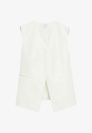 Biała kamizelka typu blazer bez rękawów z otwartym przodem i dwoma przednimi kieszeniami z rozcięciami, rozmiar 36, marki "COMMA", prezentowana na białym tle.