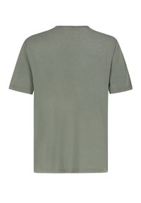 Kurzärmliges T-Shirt mit Rundhalsausschnitt aus olivgrünem Stoff. Glatte Textur ohne sichtbare Muster oder Akzente. Klassischer gerader Schnitt.