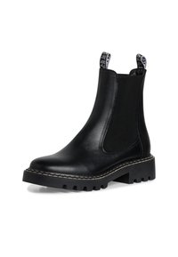 Schwarze Leder Chelsea-Boots mit elastischen Seitenteilen, robuster Gummisohle und weißen Nähten an der Sohle. Langlebiges und strukturiertes Design.