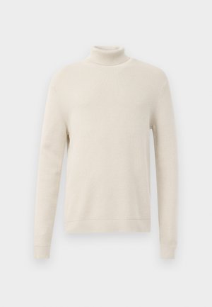 Maglione a collo alto in beige chiaro, con maniche lunghe e polsini e orlo a coste, realizzato in un tessuto leggero e texturizzato.
