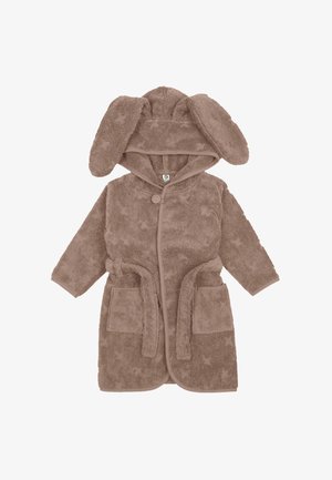 Miękki brązowy szlafrok dla malucha z kapturem z obwisłymi uszami, wzorem gwiazdek, zapięciem na przód na guziki, paskiem i dwoma kieszeniami.