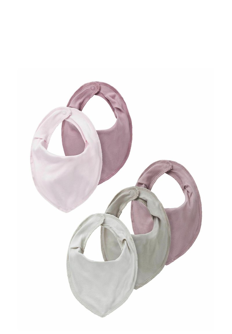 Set di quattro bavaglini a bandana in rosa, rosa chiaro, grigio e beige. Tessuto morbido, forma triangolare con chiusure a pressione per una vestibilità sicura.