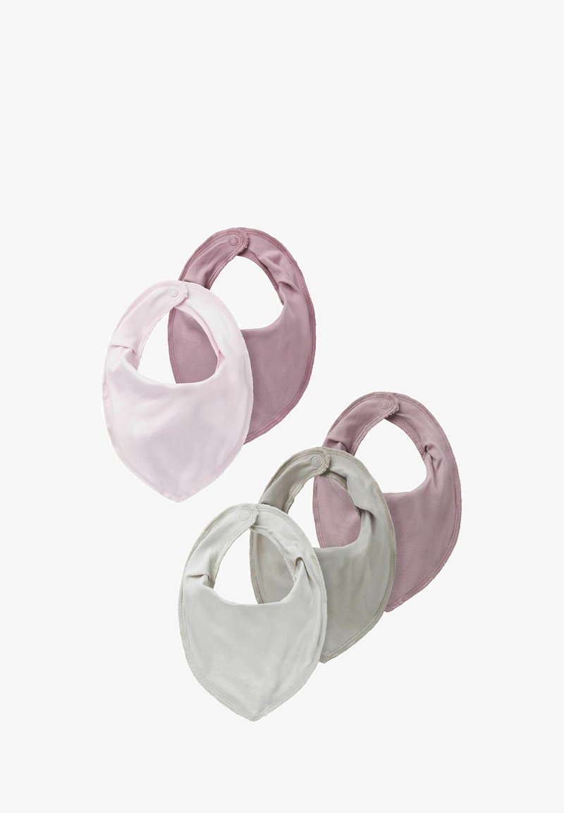 Sada čtyř bandana bryndáčků v růžové, světle růžové, šedé a béžové barvě. Měkká tkanina, trojúhelníkový tvar se zapínáním na patenty pro bezpečné uchycení.