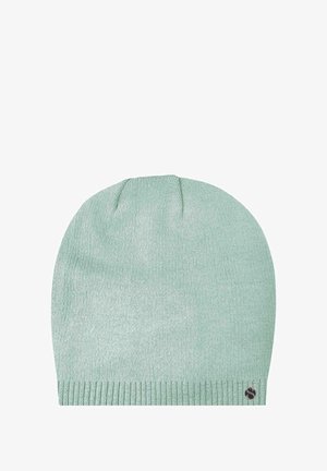 Mint green knitted beanie with a textured pattern and ribbed cuff. Features a small logo near the bottom. Soft, flexible material.