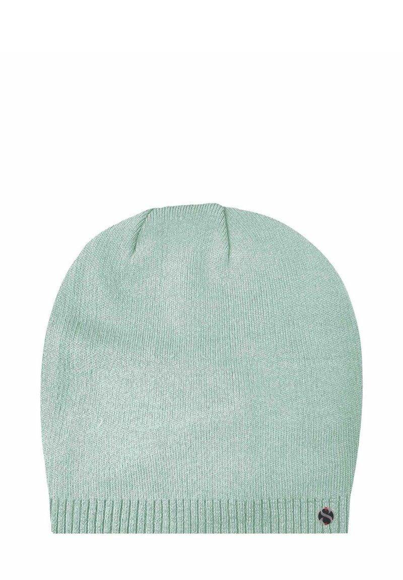 Mint green knitted beanie with a textured pattern and ribbed cuff. Features a small logo near the bottom. Soft, flexible material.
