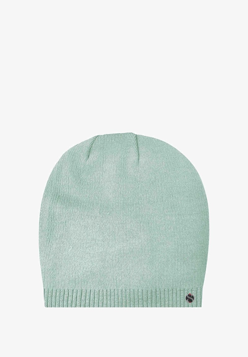 Mint green knitted beanie with a textured pattern and ribbed cuff. Features a small logo near the bottom. Soft, flexible material.