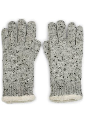 Gants tricotés gris avec des taches noires, petites perles argentées et doublure en polaire blanche aux poignets, étalés à plat avec les doigts tendus.