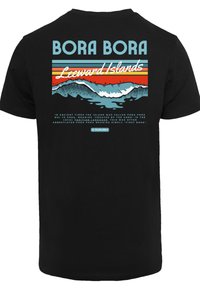 Black cotton T-shirt featuring a colorful graphic print with the text "Bora Bora Leeward Islands" and waves in a retro style.