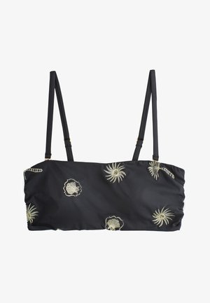 Schwarzes Bikinioberteil mit dünnen verstellbaren Trägern und goldbestickten Muschelmotiven, die über den Stoff verstreut sind.
