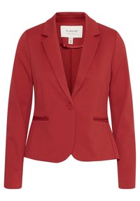 Blazer rosso realizzato in tessuto elasticizzato, caratterizzato da un colletto a risvolto, chiusura con un solo bottone e due tasche frontali con dettagli sottili.