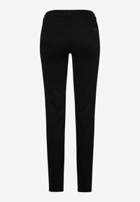 Pantalon noir slim avec poches arrière et passants de ceinture, vu de dos sur un fond uni.