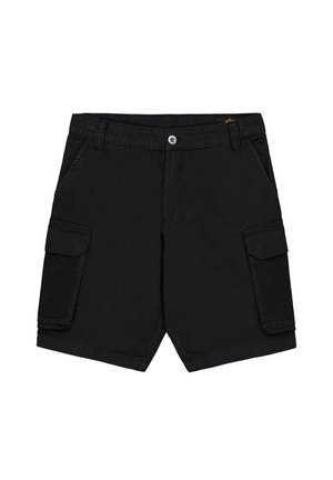 Zwarte knielange cargoshorts met voorste knoop, riemlussen, steekzakken en mesh-panel klepzakken op elke dij.